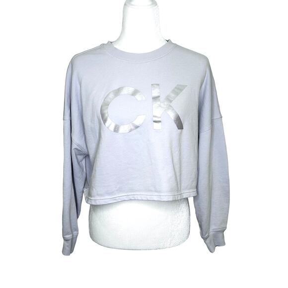 Calvin Klein Gray Cropped French Terry Sweatshirt Silver Metallic Logo - Picture 1 of 6